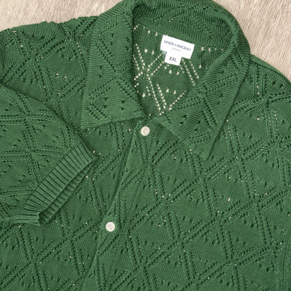 Spier & Mackay Knitwear Short Sleeve Button Up Shirt Men's 2XL Green Knit Cotton
